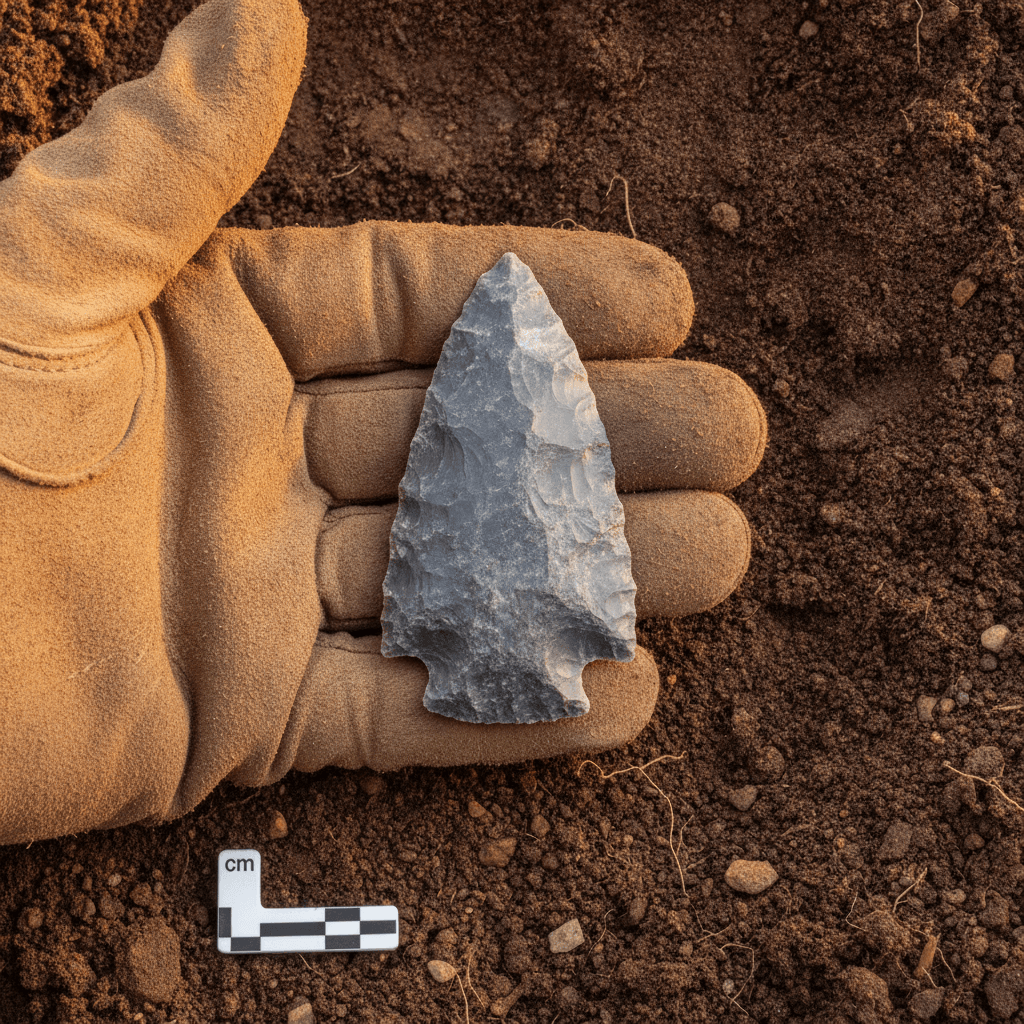 A chert projectile point held in a gloved hand, being analyzed by FieldTap's AI photo analysis