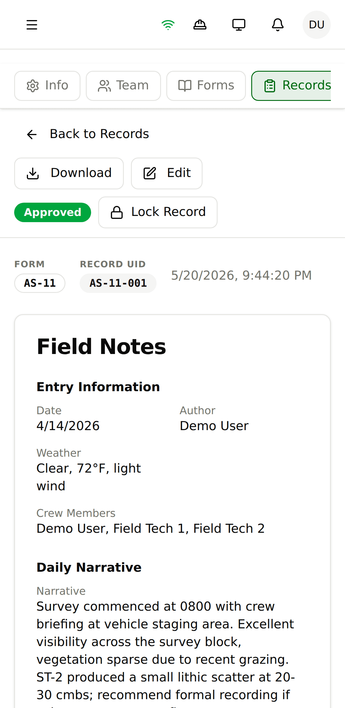 The same FieldTap project on a phone — an approved field record open in the mobile view