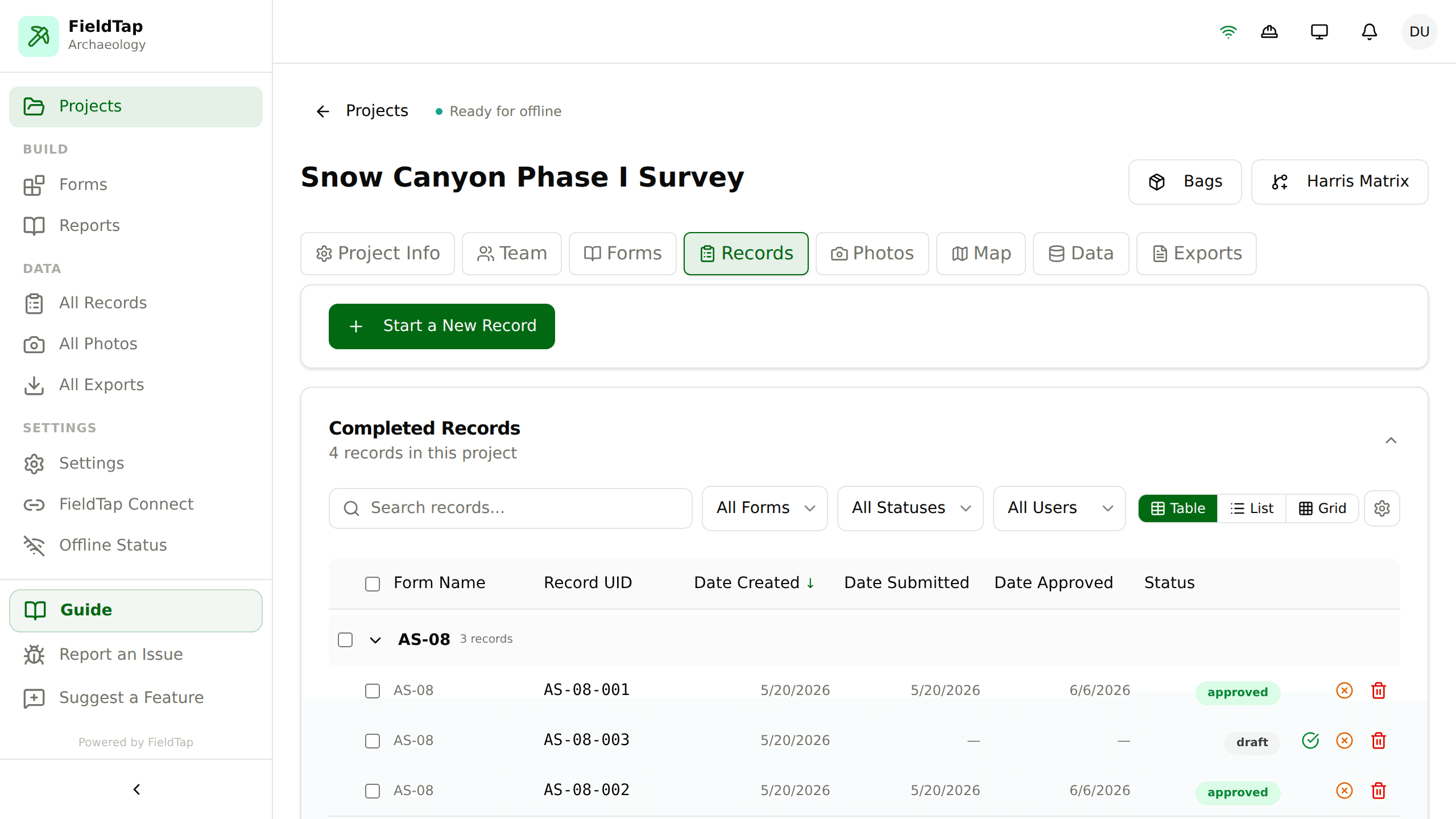 The FieldTap dashboard showing a survey project with completed records, review status, and one-tap exports