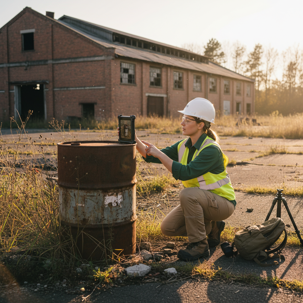Environmental consultant conducting a Phase I ESA site reconnaissance at an industrial property, photographing a 55-gallon drum with a tablet.