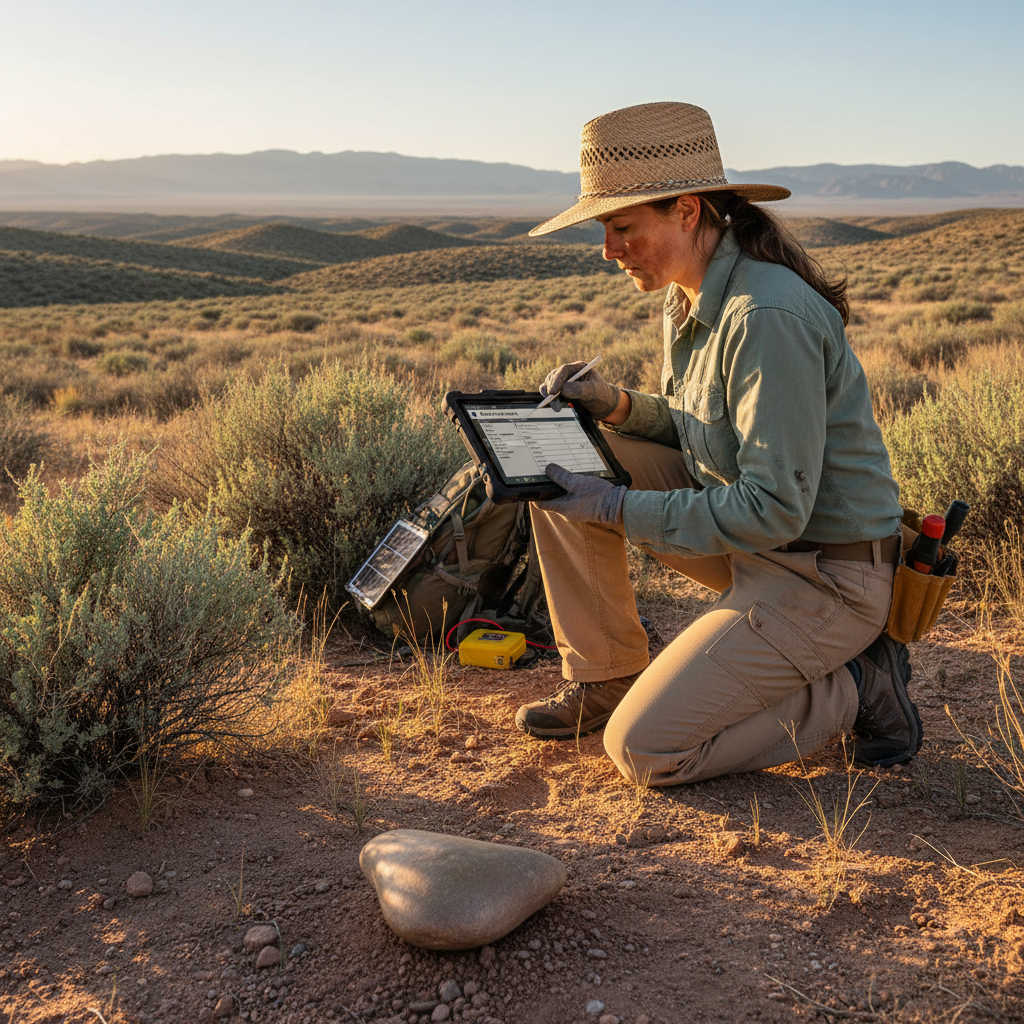 Archaeologist recording a prehistoric site in the Nevada Great Basin — sagebrush landscape, ground-stone artifact in foreground, IMACS field form on a tablet.