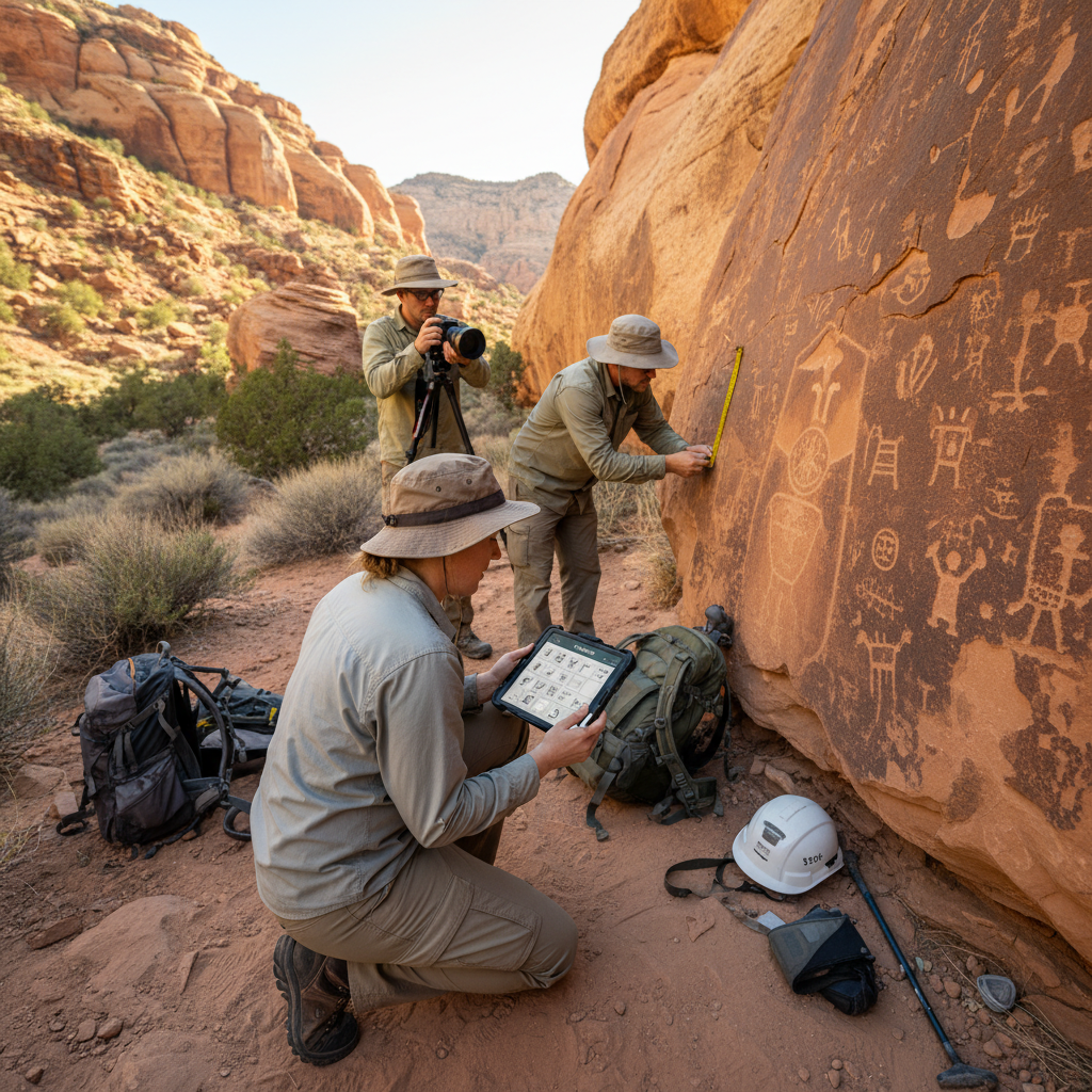 Cultural resource crew documenting a rock art panel in southern Utah — red rock canyon backdrop, archaeologist with a tablet running FieldTap.